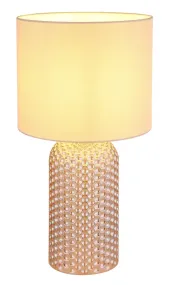 Sofia 50cm Champán lámpara de mesa De Globo Lighting - Bordslampan Sofia imponerar med sin eleganta kombination av en texturerad glaskropp och en cylindrisk textilsk&auml;rm i lyxig champagneton.