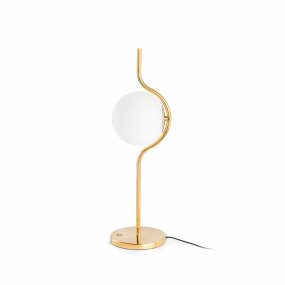 Le Vita 58cm Oro De Faro Barcelona - Esta l&aacute;mpara de mesa combina una pantalla redonda de vidrio con una fina y elegante estructura met&aacute;lica para una apariencia ligera y moderna.