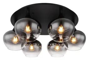 Maxy Ø65 Color humo plafón De Globo Lighting - P&aring; en rund takplatta av matttsvart metall sitter sex vackert formade r&ouml;kf&auml;rgade glaskupor.