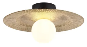 Riga Ø33 Oro plafón De Globo Lighting - Lampan &auml;r tillverkad av mattsvart metall och den platta sk&auml;rmen i plast med nyanser av svart, guld och opal ger den en modern och sofistikerad design.