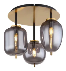 Blacky Ø46 Latón De Globo Lighting - Lampan &auml;r utrustad med 3st r&ouml;kf&auml;rgade glaskupor i olika former, som h&auml;nger fr&aring;n taket p&aring; mattsvarta st&auml;nger f&auml;sta vid en m&auml;ssingsf&auml;rgad bas.