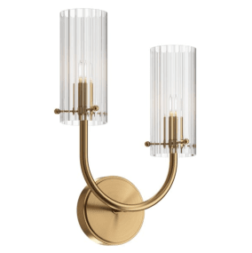 Arco 38cm Latón lámpara de pared De Maytoni - Con sus dos fuentes de luz, rodeadas de pantallas de cristal transparente acanalado y un hermoso brazo dorado, distribuye una luz elegante y acogedora por toda la estancia.