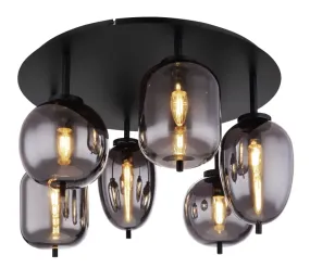 Blacky Ø63 Negro De Globo Lighting - Lampan &auml;r utrustad med 6st r&ouml;kf&auml;rgade glaskupor i olika former, som h&auml;nger fr&aring;n taket p&aring; mattsvarta st&auml;nger f&auml;sta vid en matchande bas.