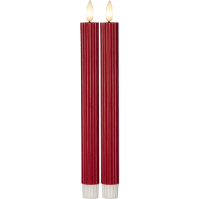 LED Vela Cónica Flamme Stripe ROJO De Star Trading - Pack de 2 velas antiguas de color rojo intenso de la serie Flamme Stripe fabricadas en cera con superficie acanalada y rayada.