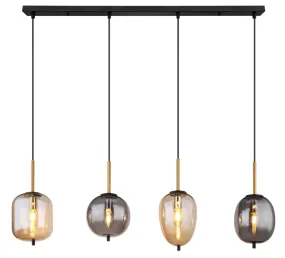 Blacky 110cm Ámbar Lámpas de techo De Globo Lighting - De fyra r&ouml;k- och amberf&auml;rgade glasgloberna i olika former h&auml;nger fr&aring;n en svart, rektangul&auml;r takplatta och kan justeras upp till 120 cm fr&aring;n taket.