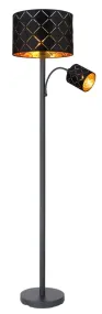 Sunna Negro lámpara de pie De Globo Lighting - Den runda stommen i h&ouml;gkvalitativ svart metall ger stabilitet och tidl&ouml;s charm, medan den svarta lampsk&auml;rmen i sammet med dekorativa utsk&auml;rningar tillf&ouml;r en lyxig k&auml;nsla och skapar ett fascinerande ljusspel.