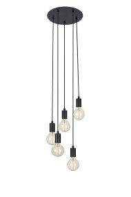 Sky Ø32 Negro Lámpas de techo De Markslöjd - Lámpara de techo de la serie Sky, con cinco portalámparas metálicos de color negro y cable textil de color negro que cuelga a diferentes alturas de un soporte de techo redondo.