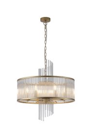 Lara Ø55 Oro cepillado cristal De Searchlight - Su estructura redonda de metal con acabado dorado cepillado está adornada con varillas de vidrio transparente que captan y reflejan la luz como prismas, creando una luz suave y acogedora en la habitación.