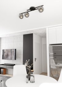 Kairo 74cm Negro/Ahumado plafón De Emibig Lighting - Una l&aacute;mpara de techo moderna con c&uacute;pulas esf&eacute;ricas de color humo sobre un elegante marco negro.