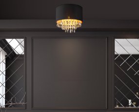 Coletta Ø40 Negro plafón De Globo Lighting - Textilsk&auml;rmen med en guldig insida ger ett behagligt sken och i kombination med prismorna som omfamnar ljusk&auml;llan skapas ett vackert ljusspel i rummet n&auml;r lampan &auml;r t&auml;nd.