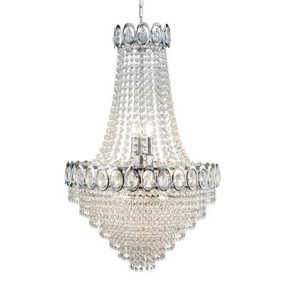 Louis Phillipe Ø54 Cromo cristal De Searchlight - Louis Philipe es una magnífica lámpara de araña cromada con prismas de cristal y bandas decorativas de cuentas que se convertirá en el centro de atención de cualquier estancia.