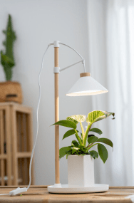 Lámpara Para Plantas Lily Blanco De Airam - Al mango de madera de la l&aacute;mpara se adjunta un estante redondo en el que se puede colocar una maceta para proporcionar a la planta una importante luz adicional.