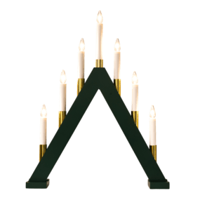 Hilda 7 verde oscuro De Pixie Design - Hilda es un candelabro decorativo de madera en un intenso verde oscuro con detalles dorados que crean un elegante contraste.