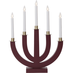 Eli ROJO De Star Trading - Candelabro de madera roja con cinco velas y decoración bañada en oro, es fácil de montar y crea un bonito ambiente navideño tanto en la ventana como en la habitación.