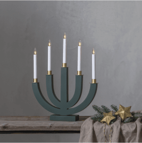 Eli Verde De Star Trading - Candelabro de madera verde con cinco velas y decoraci&oacute;n ba&ntilde;ada en oro, es f&aacute;cil de montar y crea un maravilloso ambiente navide&ntilde;o tanto en la ventana como en la habitaci&oacute;n.