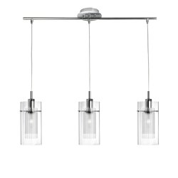 Duo 70cm Cromo Lámpas de techo De Searchlight - La lámpara colgante Duo I en cromo con tres fuentes de luz y pantallas de cristal cilíndricas dobles crea una impresión moderna y elegante en la cocina o el comedor y es perfecta sobre una isla de cocina.