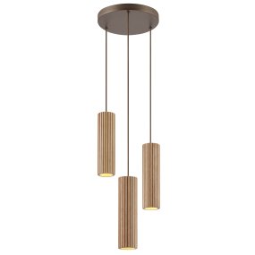 Lakewood Ø28 Madera Lámpas de techo De Brilliant - La lámpara colgante Lakewood combina metal marrón con tres pantallas cilíndricas de madera acanalada, creando un ambiente cálido y natural en cualquier estancia.