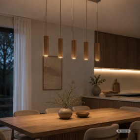 Lakewood 95cm Madera Lámpas de techo De Brilliant - Las cinco pantallas están dispuestas en fila y su altura se puede ajustar durante la instalación para adaptarla a la habitación y la ubicación deseada.