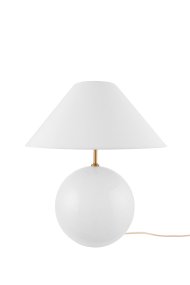 Iris 40cm Blanco lámpara de mesa De Globen Lighting - Iris es una preciosa l&aacute;mpara de mesa de cristal coloreado con burbujas de aire sopladas y una pantalla de algod&oacute;n a juego con la base.