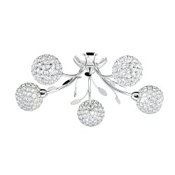 Bellis Ø54 Cromo plafón De Searchlight - La l&aacute;mpara de techo Bellis II en cromo con cinco fuentes de luz y pantallas de cristal transparente, as&iacute; como decoraci&oacute;n de hojas, deja una impresi&oacute;n elegante en el dormitorio, el sal&oacute;n, el comedor o la cocina.