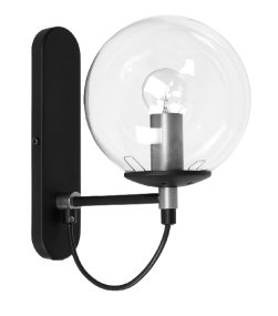 Perla 1 Negro/acero lámpara de pared De Hallbergs - La fuente de luz está rodeada por una pantalla redonda de cristal transparente que garantiza una agradable distribución de la luz en la estancia.