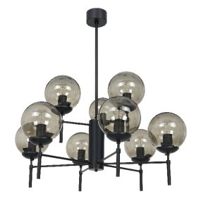 Salzburg Ø90 Negro Lámpas de techo De Hallbergs - La lámpara tiene nueve brazos decorativos, cada uno con una fuente de luz, rodeados por una pantalla de vidrio color humo que crea una hermosa distribución de la luz y una hermosa atmósfera en la habitación.