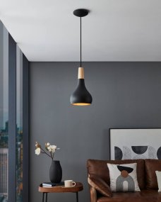 Sabinar Ø18 Negro Lámpas de techo De Eglo - La pantalla negra combinada con detalles de madera crea un aspecto elegante y nórdico que encaja perfectamente en la cocina, la mesa del comedor o como foco decorativo.
