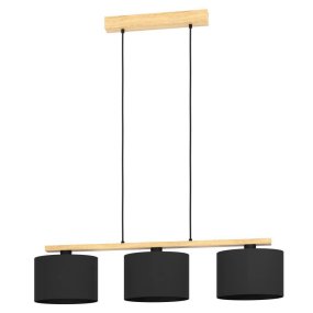 Castralvo 97cm Naturaleza De Eglo - Esta lámpara colgante combina tres pantallas negras con una base de madera clara, creando un ambiente armonioso y moderno.
