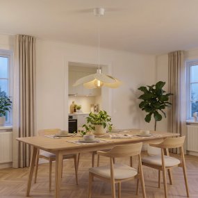 Binacua Ø60 Beige Lámpas de techo De Eglo - Binacua es una lámpara colgante decorativa con una pantalla en forma de flor, confeccionada en tela beige.