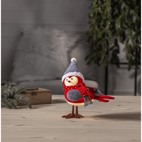 Joylight Pájaro ROJO De Star Trading - Adorno navide&ntilde;o a pilas con forma de un simp&aacute;tico p&aacute;jaro con vestido de invierno.