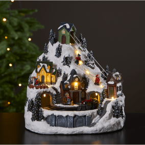 Alpville 25cm Multicolor De Star Trading - Preciosa decoraci&oacute;n navide&ntilde;a con forma de paisaje invernal con un telef&eacute;rico, esquiadores y una estaci&oacute;n con un tren giratorio.