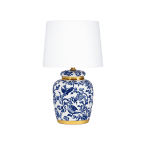 Blomsterlilla 30cm Azul lámpara de mesa De Lampan - Preciosa l&aacute;mpara de mesa con un decorativo estampado azul y blanco en la base de porcelana y detalles de lat&oacute;n.