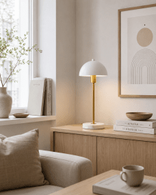 Dito 47cm Blanco lámpara de mesa De Nordic Lighting - La pantalla y la base blancas, elaboradas en m&aacute;rmol blanco natural, le confieren un aspecto sofisticado, mientras que el pie con su brillante acabado dorado a&ntilde;ade un toque c&aacute;lido y lujoso.