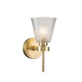Gunnislake 13cm Latón cepillado lámpara de baño De Elstead Lighting - Fabricada en acero con acabado de lat&oacute;n cepillado, cuenta con una pantalla de vidrio transparente texturizado que proporciona una luz uniforme y sin deslumbramientos.