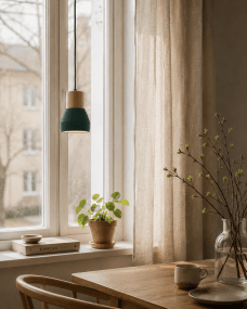 Pepe Ø13 Verde lámpara de ventana De Nordic Lighting - La combinaci&oacute;n de madera y hormig&oacute;n le confiere un aspecto robusto a la vez que c&aacute;lido, mientras que el verde oscuro mate le aporta un toque sereno y actual.