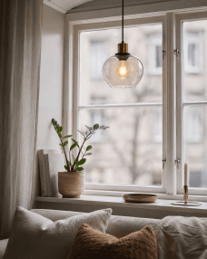 Ariston Ø20 Ámbar lámpara de ventana De Lampan - La pantalla de cristal color &aacute;mbar proporciona una luz c&aacute;lida y agradable, mientras que los detalles en lat&oacute;n cepillado le dan un toque moderno y sofisticado.