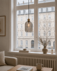 Origo Ø20 De color humo lámpara de ventana De Lampan - La pantalla de cristal ahumado proporciona una luz suave y ambiental, mientras que los detalles en oro mate le dan un toque c&aacute;lido y sofisticado.