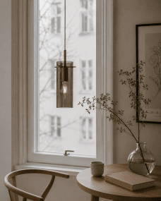 Cilinda Ø7 Latón/ahumado lámpara de ventana De Nordic Lighting - El cristal ahumado garantiza una hermosa distribuci&oacute;n de la luz y, en combinaci&oacute;n con los detalles de lat&oacute;n, se convierte en un elegante detalle interior.