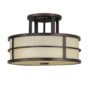 Fusion Ø34 Bronce plafón De Elstead Lighting - Fusion combina elementos de Arts &amp; El estilo Crafts crea un diseño con bandas metálicas lineales verticales y horizontales en acabado bronce, que ofrece un hermoso contraste con la pantalla ámbar y el difusor de vidrio acanalado.