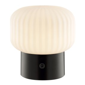 Sarastro 14cm Negro portátil De Brilliant - La pantalla de vidrio blanco acanalado proporciona una luz suave, mientras que la base negra alberga el regulador táctil y controla la función RGB, todo en un formato discreto y elegante.