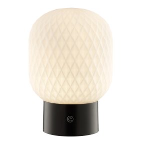 Sarastro 20cm Negro portátil De Brilliant - La pantalla decorativa de vidrio blanco proporciona una luz suave, mientras que la base negra alberga el regulador táctil y controla la función RGB, todo en un formato discreto y elegante.
