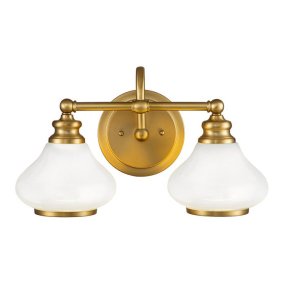 Ainsley 40cm Latón cepillado lámpara de baño De Elstead Lighting - Las pantallas de cristal opalino abovedado proporcionan una luz suave y agradable, que armoniza a la perfecci&oacute;n con el elegante acabado de lat&oacute;n cepillado.