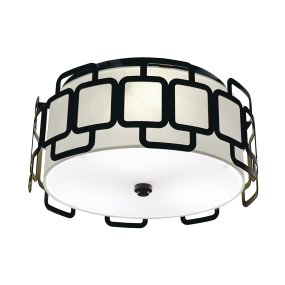 Sabina Ø38 Negro De Elstead Lighting - Su estructura geom&eacute;trica de acero negro crea un elegante patr&oacute;n alrededor de la pantalla de tela color crema, otorg&aacute;ndole un toque moderno.