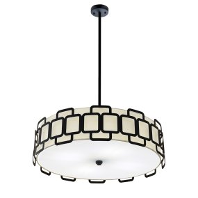 Sabina Ø57 Negro Lámpas de techo De Elstead Lighting - Su estructura geom&eacute;trica de acero negro crea un elegante patr&oacute;n alrededor de la pantalla de tela color crema, otorg&aacute;ndole un toque moderno.