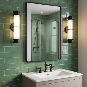 Saylor 43cm Negro lámpara de baño De Elstead Lighting - Fabricada en metal con acabado negro mate, cuenta con una pantalla alargada de cristal opalino que crea una luz uniforme y suave.