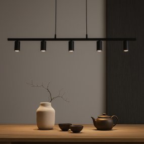 Lucy 115cm Negro mate Lámpas de techo De Belid - Lucy es una l&aacute;mpara colgante moderna y lineal con 5 focos, dise&ntilde;ada para ser montada encima de la encimera de la cocina.
