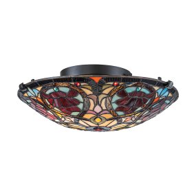 Larissa Ø42 Multicolor De Elstead Lighting - Su pantalla en forma de cuenco está hecha de cristal acrílico de colores en hermosos tonos de rojo, azul, rosa y amarillo, creando un patrón vibrante y lleno de detalles.
