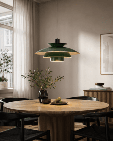 Stealth 2 Ø50 Verde Lámpas de techo De Nordic Lighting - Sus pantallas multicapa proporcionan una luz agradable y focalizada, a la vez que realzan la forma decorativa de la l&aacute;mpara.