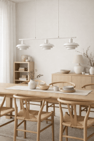 Stealth 86cm Blanco Lámpas de techo De Nordic Lighting - La elegante l&aacute;mpara de techo Stealth, fabricada en metal blanco con tres pantallas orientadas hacia abajo, proporciona una luz agradable y focalizada, ideal sobre una mesa de comedor o en la cocina.