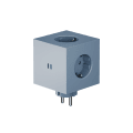 Square 2 Socket extender with 30W Dual USBC Azul De Avolt - Extensión de enchufe de Avolt con un diseño elegante, un cubo de plástico reciclado y una placa magnética en la parte inferior para colgar en la pared.